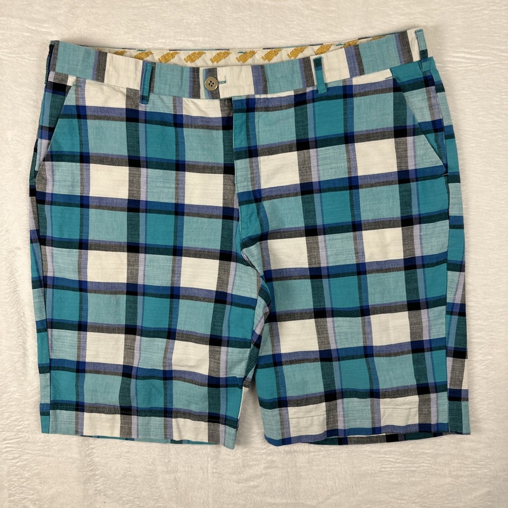LoudMouth Men's Flat Front Shorts Size 40 Cotton Spandex Green Black White Plaid